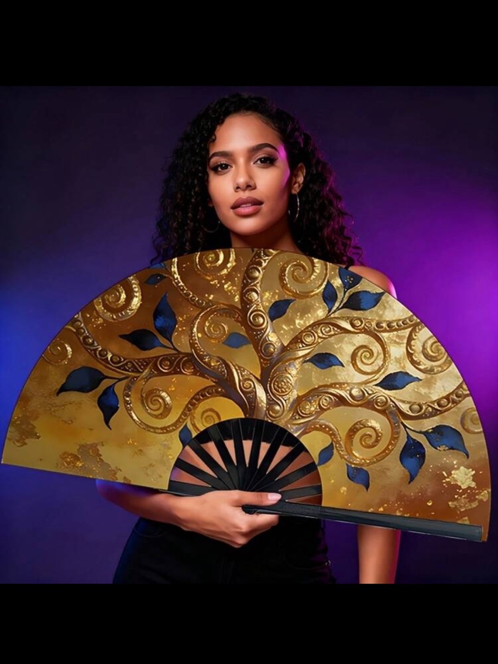 Coming Soon!  Gold Handheld Decorative Folding Fan with Blue Leaf Motif nwt